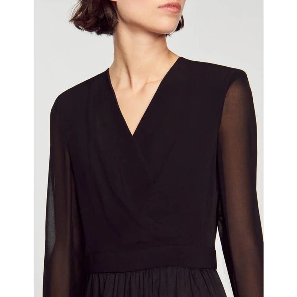 Sandro Ginette Short flowing Dual-Fabric Black Dress Size 42/ US 10 NWT - Picture 2 of 11